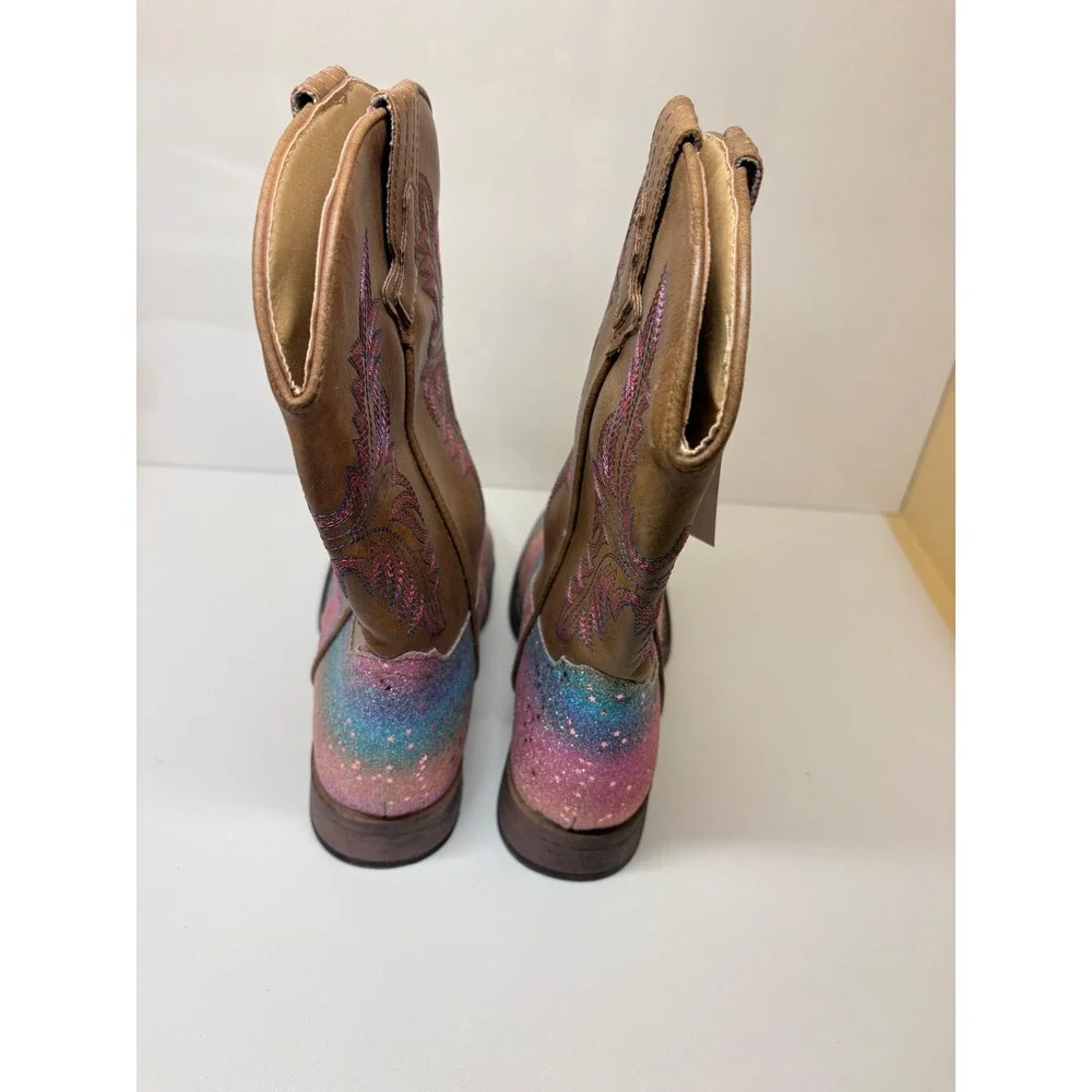 Roper Girls Size 3 Rainbow Glitter Tan Cowboy Boots Square Toe